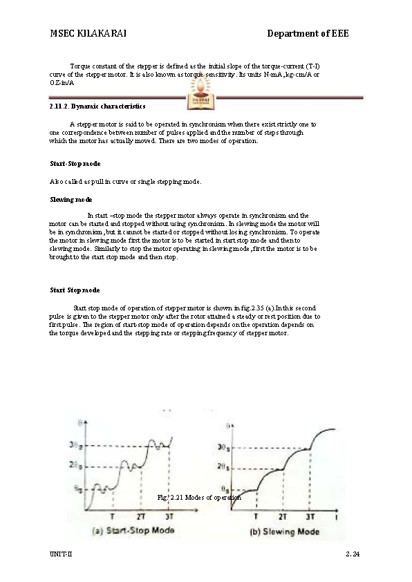 MSEC KILAKARAI Department of EEE Torque constant of the stepper is defined as the
