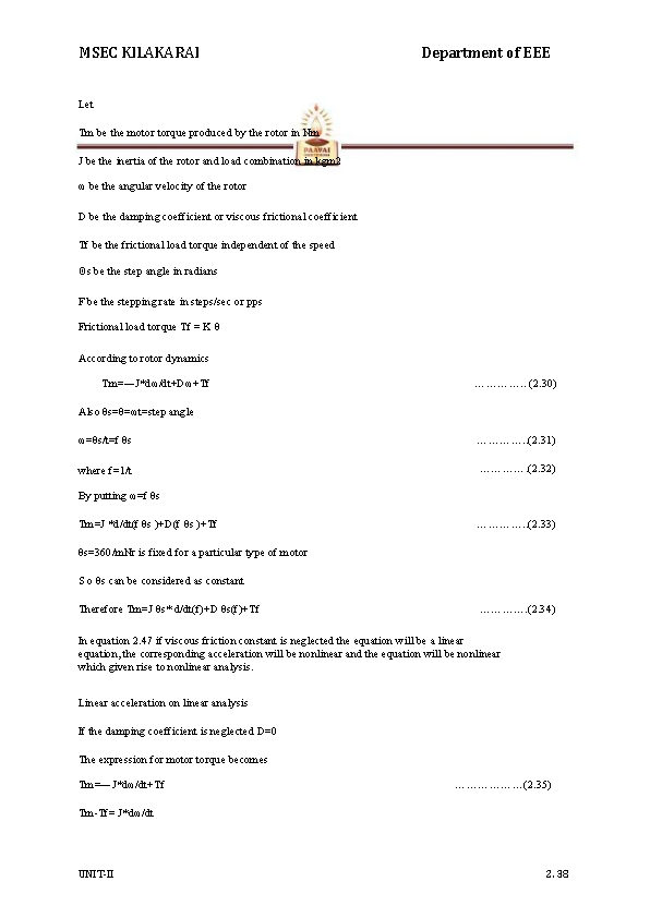 MSEC KILAKARAI Department of EEE Let Tm be the motor torque produced by the