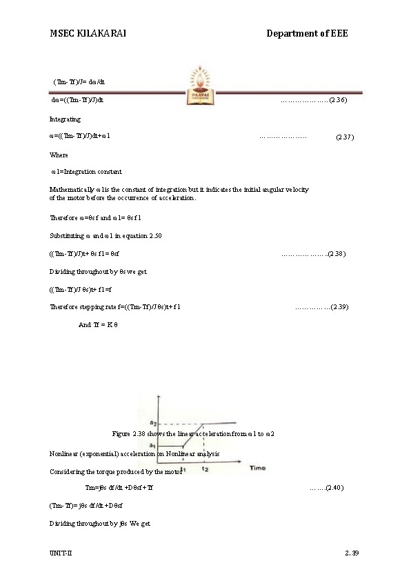 MSEC KILAKARAI Department of EEE (Tm-Tf)/J= dω/dt dω=((Tm-Tf)/J)dt ………………. . (2. 36) Integrating ω=((Tm-Tf)/J)dt+ω1