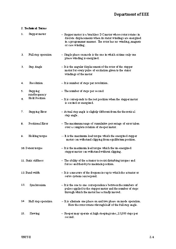 Department of EEE 2. Technical Terms 1. Stepper motor -- Stepper motor is a
