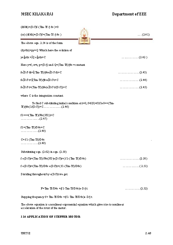 MSEC KILAKARAI Department of EEE (df/dt)+(D/J)f-(Tm-Tf /j θs )=0 (or) (df/dt)+(D/J)f=(Tm-Tf /j θs )