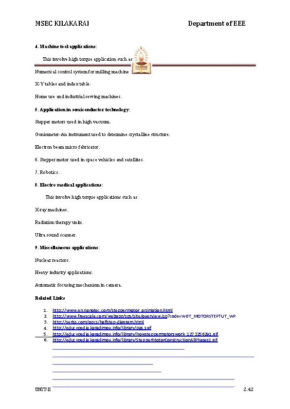 MSEC KILAKARAI Department of EEE 4. Machine tool applications: This involve high torque application
