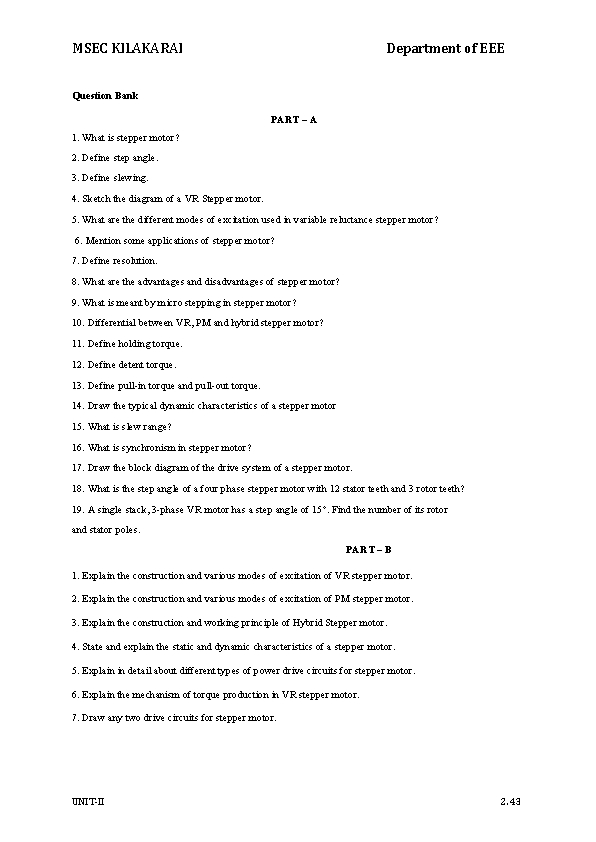 MSEC KILAKARAI Department of EEE Question Bank PART – A 1. What is stepper