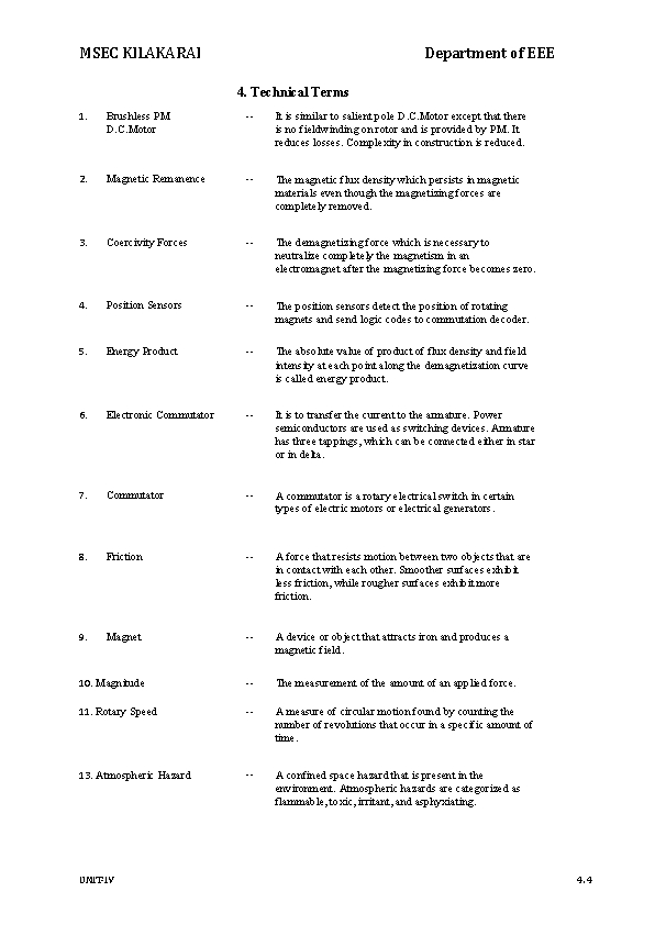 MSEC KILAKARAI Department of EEE 4. Technical Terms 1. Brushless PM D. C. Motor