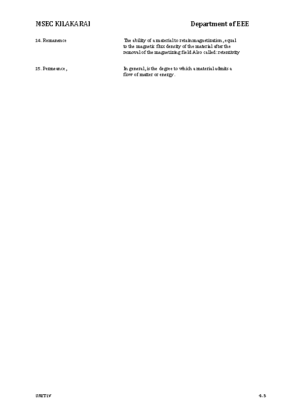 MSEC KILAKARAI Department of EEE 14. Remanence The ability of a material to retain