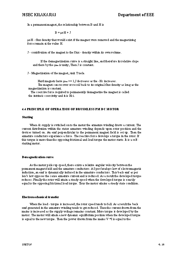 MSEC KILAKARAI Department of EEE In a permanent magnet, the relationship between B and