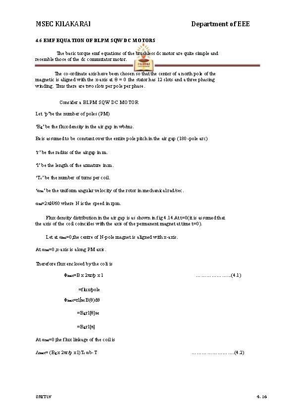 MSEC KILAKARAI Department of EEE 4. 6 EMF EQUATION OF BLPM SQW DC MOTORS