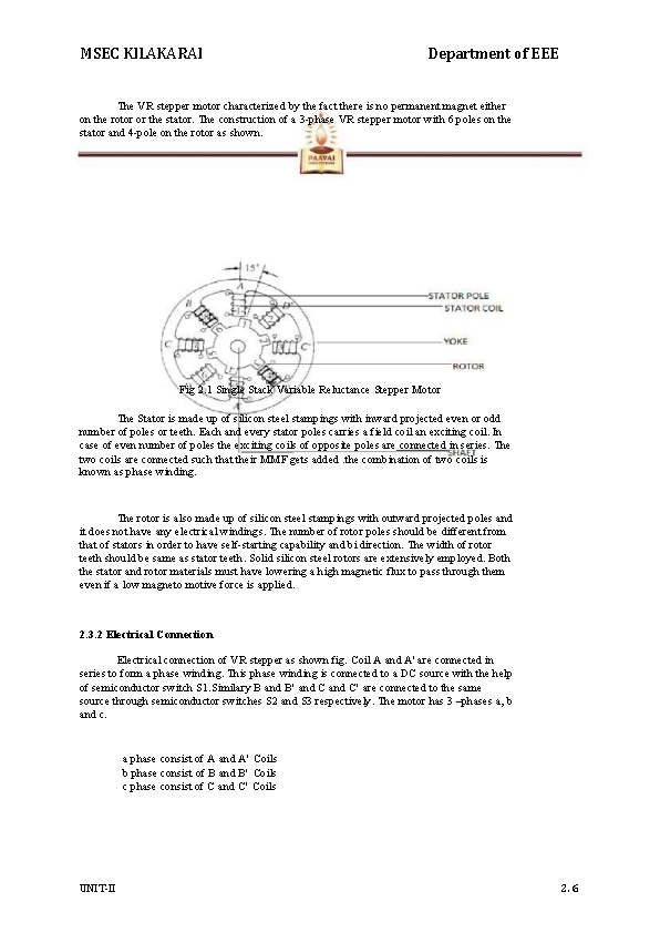 MSEC KILAKARAI Department of EEE The VR stepper motor characterized by the fact there