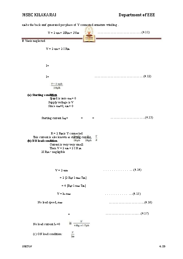 MSEC KILAKARAI Department of EEE eph be the back emf generated per phase of