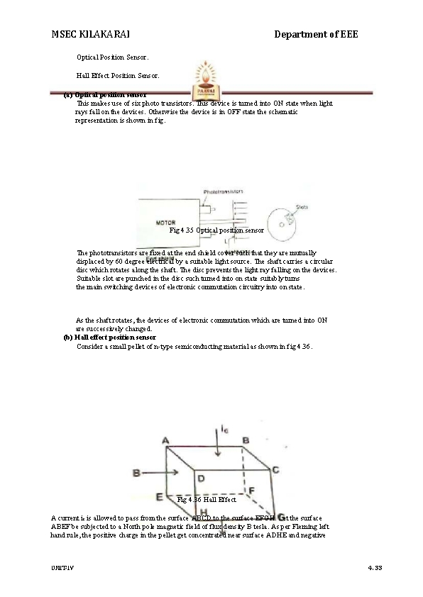 MSEC KILAKARAI Department of EEE Optical Position Sensor. Hall Effect Position Sensor. (a) Optical