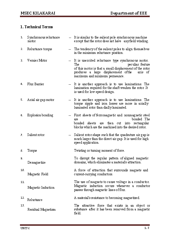 MSEC KILAKARAI Department of EEE 1. Technical Terms 1. Synchronous reluctance motor -- It