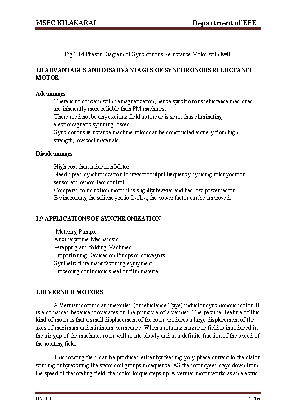 MSEC KILAKARAI Department of EEE Fig 1. 14 Phasor Diagram of Synchronous Reluctance Motor