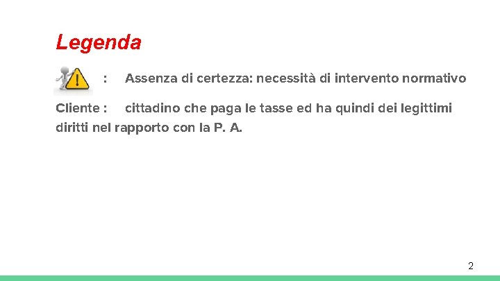 Legenda : Assenza di certezza: necessità di intervento normativo Cliente : cittadino che paga