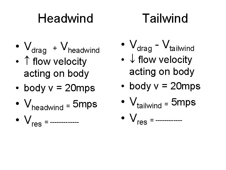 Headwind • Vdrag + Vheadwind Tailwind • Vdrag - Vtailwind • flow velocity acting Headwind • Vdrag + Vheadwind Tailwind • Vdrag - Vtailwind • flow velocity acting