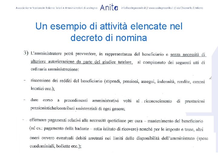 Un esempio di attività elencate nel decreto di nomina 