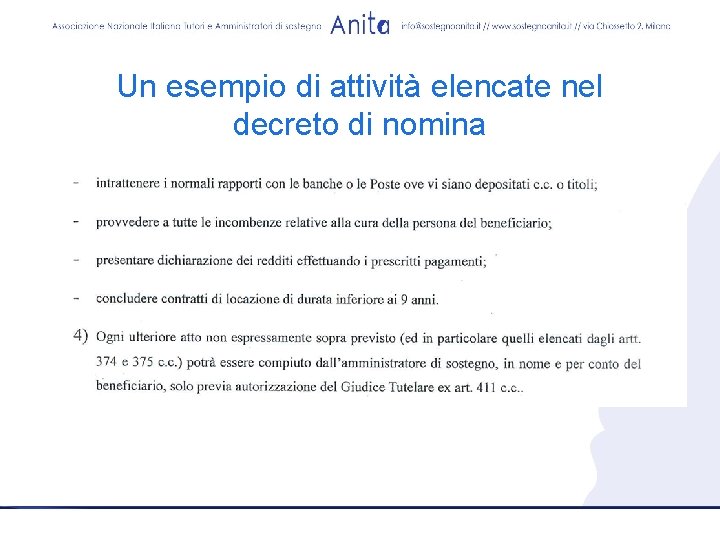 Un esempio di attività elencate nel decreto di nomina 