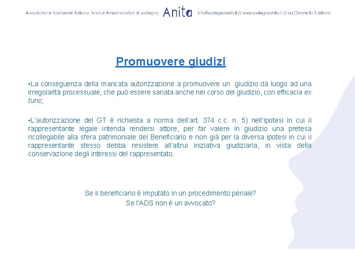 Promuovere giudizi • La conseguenza della mancata autorizzazione a promuovere un giudizio dà luogo