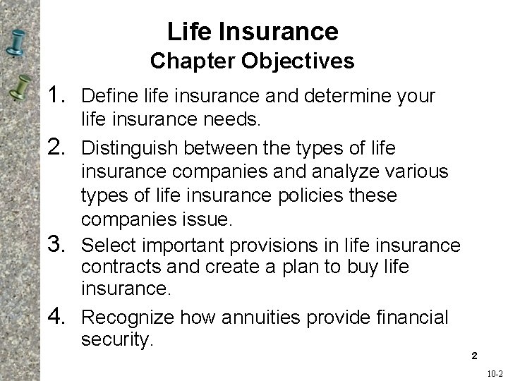 Life Insurance Chapter Objectives 1. Define life insurance and determine your life insurance needs. Life Insurance Chapter Objectives 1. Define life insurance and determine your life insurance needs.