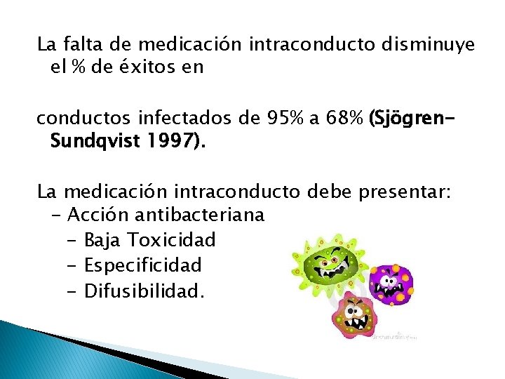 La falta de medicación intraconducto disminuye el % de éxitos en conductos infectados de