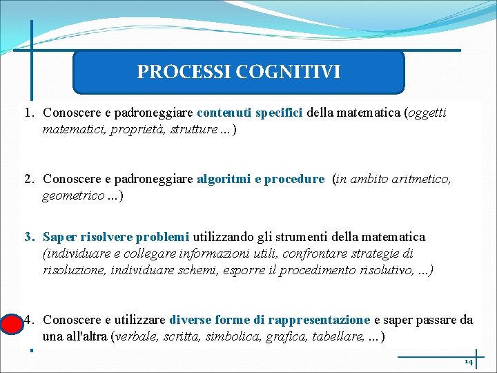 PROCESSI COGNITIVI 1. Conoscere e padroneggiare contenuti specifici della matematica (oggetti matematici, proprietà, strutture.