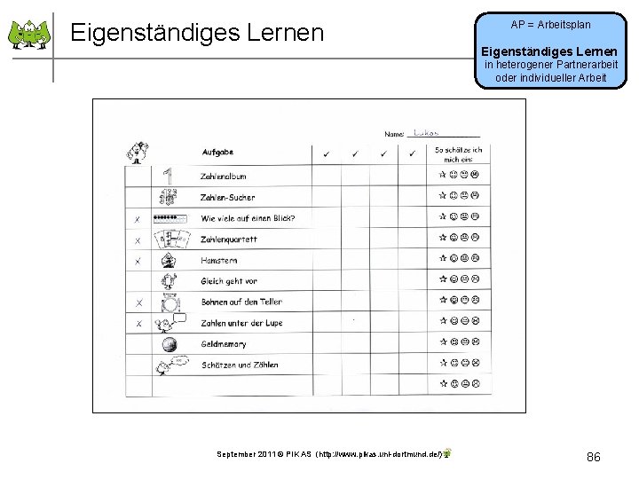 Eigenständiges Lernen AP = Arbeitsplan Eigenständiges Lernen in heterogener Partnerarbeit oder individueller Arbeit September