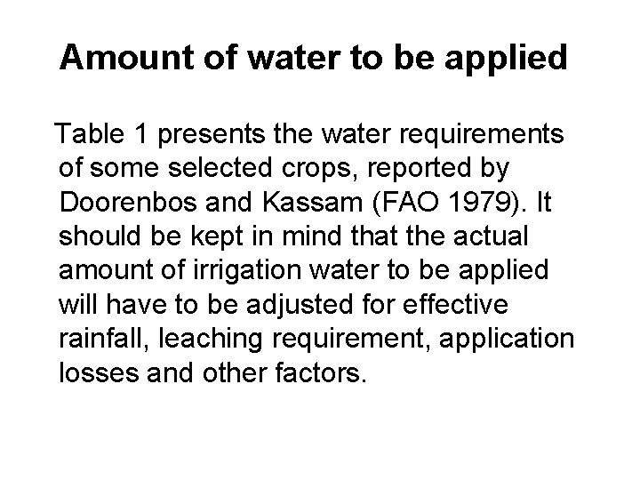 Amount of water to be applied Table 1 presents the water requirements of some