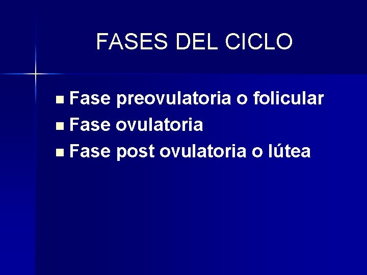 FASES DEL CICLO n Fase preovulatoria o folicular n Fase ovulatoria n Fase post