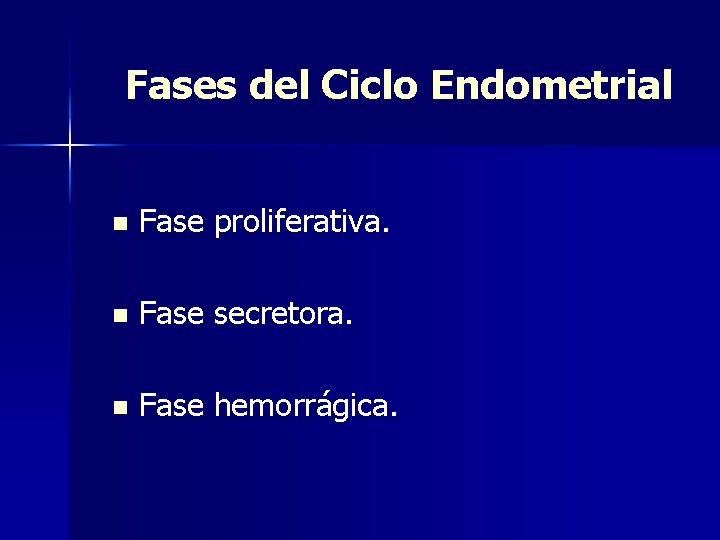 Fases del Ciclo Endometrial n Fase proliferativa. n Fase secretora. n Fase hemorrágica. 