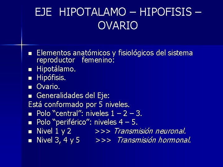 EJE HIPOTALAMO – HIPOFISIS – OVARIO Elementos anatómicos y fisiológicos del sistema reproductor femenino: