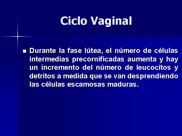 Ciclo Vaginal n Durante la fase lútea, el número de células intermedias precornificadas aumenta