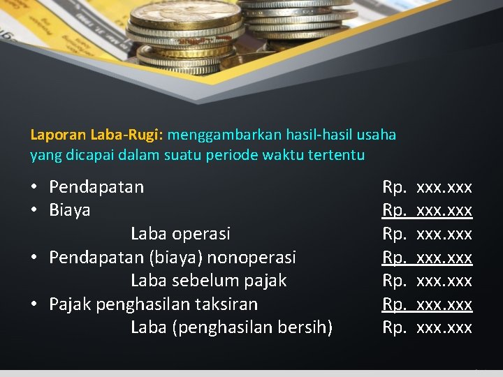 Laporan Laba-Rugi: menggambarkan hasil-hasil usaha yang dicapai dalam suatu periode waktu tertentu • Pendapatan Laporan Laba-Rugi: menggambarkan hasil-hasil usaha yang dicapai dalam suatu periode waktu tertentu • Pendapatan