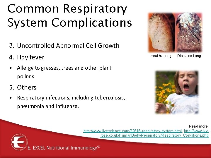 Common Respiratory System Complications 3. Uncontrolled Abnormal Cell Growth 4. Hay fever Healthy Lung Common Respiratory System Complications 3. Uncontrolled Abnormal Cell Growth 4. Hay fever Healthy Lung