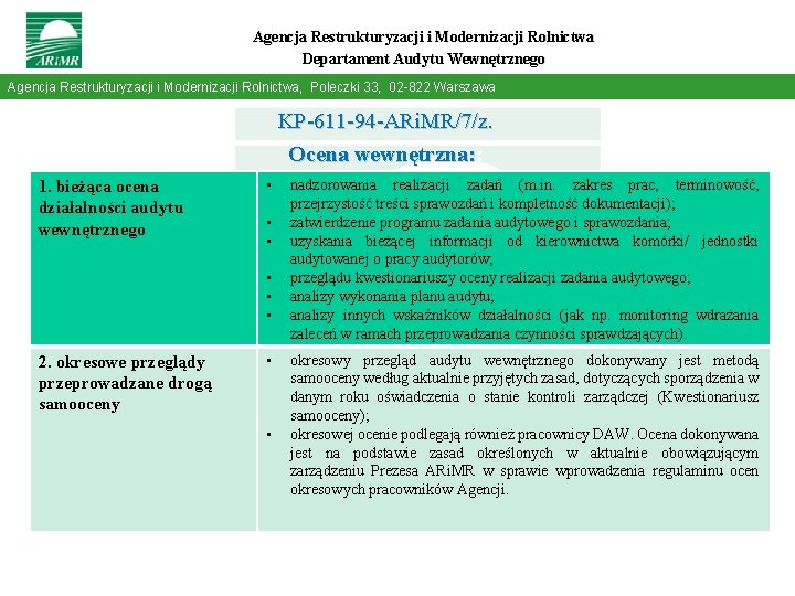 Agencja Restrukturyzacji i Modernizacji Rolnictwa Departament Audytu Wewnętrznego Agencja Restrukturyzacji i Modernizacji Rolnictwa, Poleczki