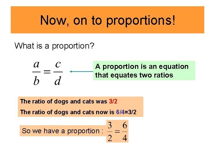 Now, on to proportions! What is a proportion? A proportion is an equation that