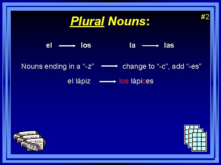 #2 Plural Nouns: el los Nouns ending in a “-z” el lápiz la las