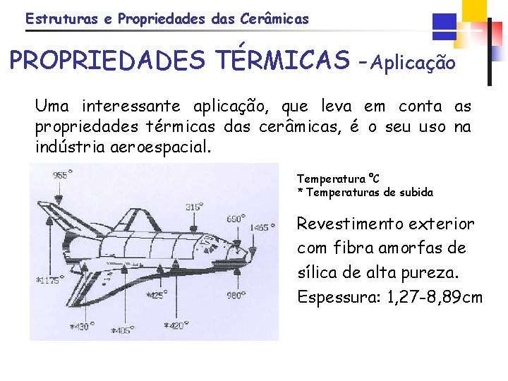 Estruturas e Propriedades das Cerâmicas PROPRIEDADES TÉRMICAS -Aplicação Uma interessante aplicação, que leva em