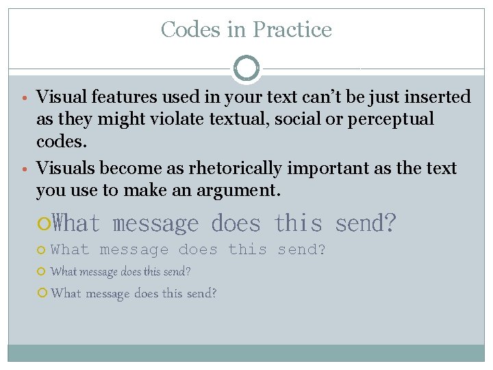 Codes in Practice • Visual features used in your text can’t be just inserted