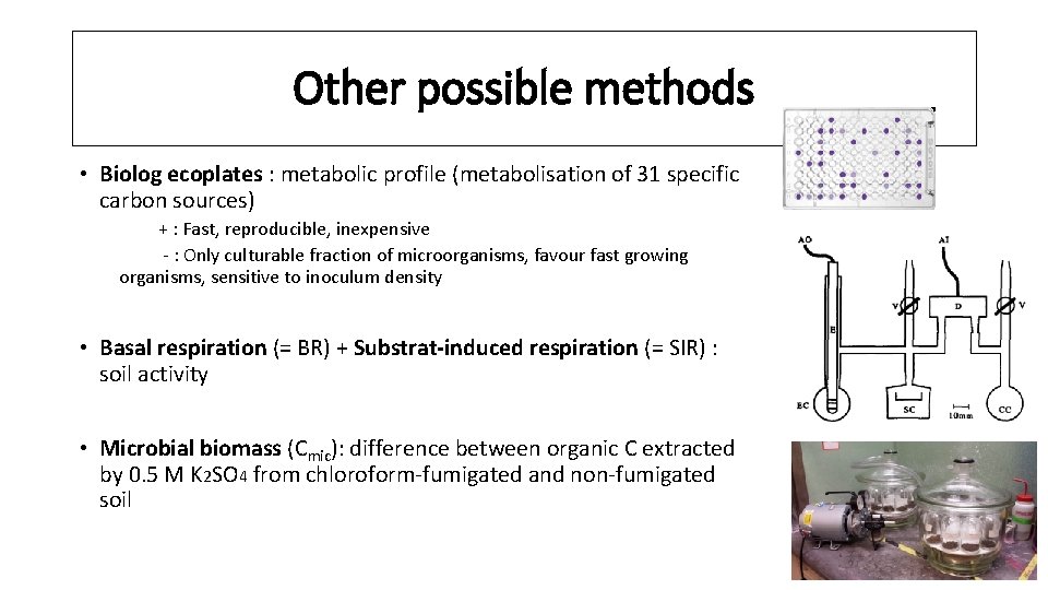 Other possible methods • Biolog ecoplates : metabolic profile (metabolisation of 31 specific carbon