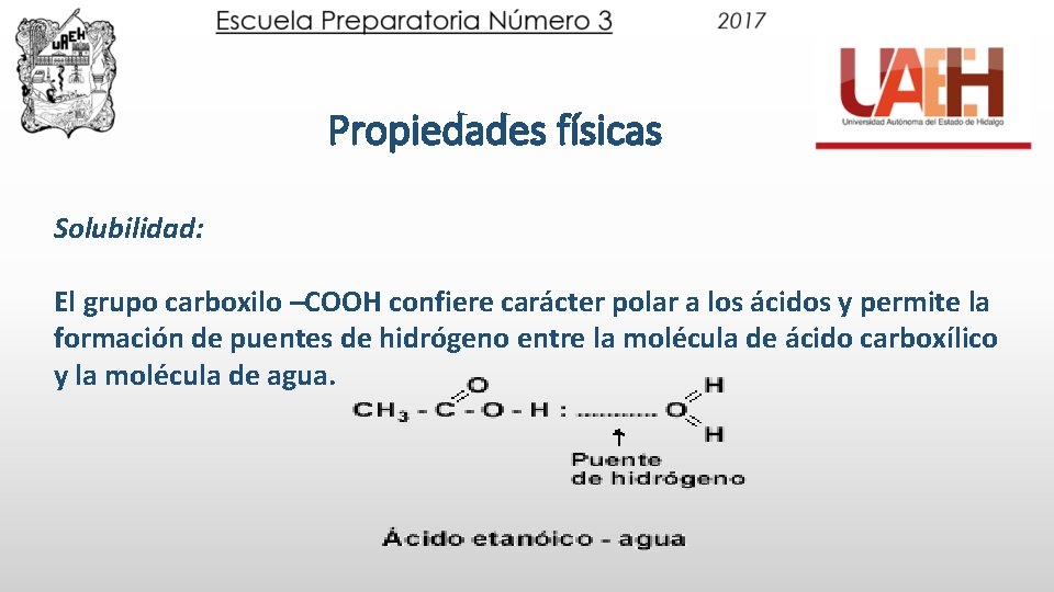 Propiedades físicas Solubilidad: El grupo carboxilo –COOH confiere carácter polar a los ácidos y