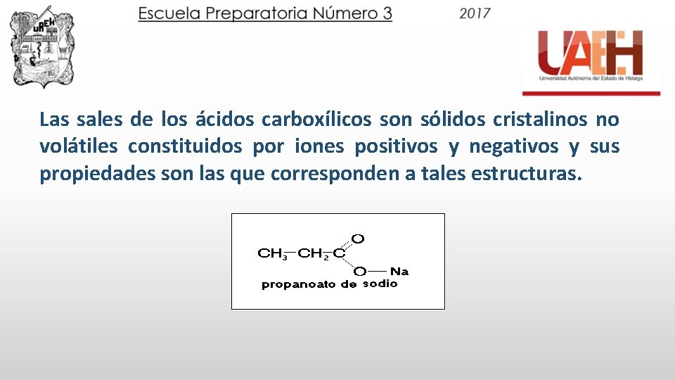 Las sales de los ácidos carboxílicos son sólidos cristalinos no volátiles constituidos por iones