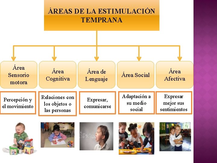 ÁREAS DE LA ESTIMULACIÓN TEMPRANA Área Sensorio motora Área Cognitiva Área de Lenguaje Área ÁREAS DE LA ESTIMULACIÓN TEMPRANA Área Sensorio motora Área Cognitiva Área de Lenguaje Área