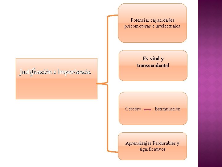 Potenciar capacidades psicomotoras e intelectuales Justificación e Importancia Es vital y transcendental Cerebro Estimulación Potenciar capacidades psicomotoras e intelectuales Justificación e Importancia Es vital y transcendental Cerebro Estimulación