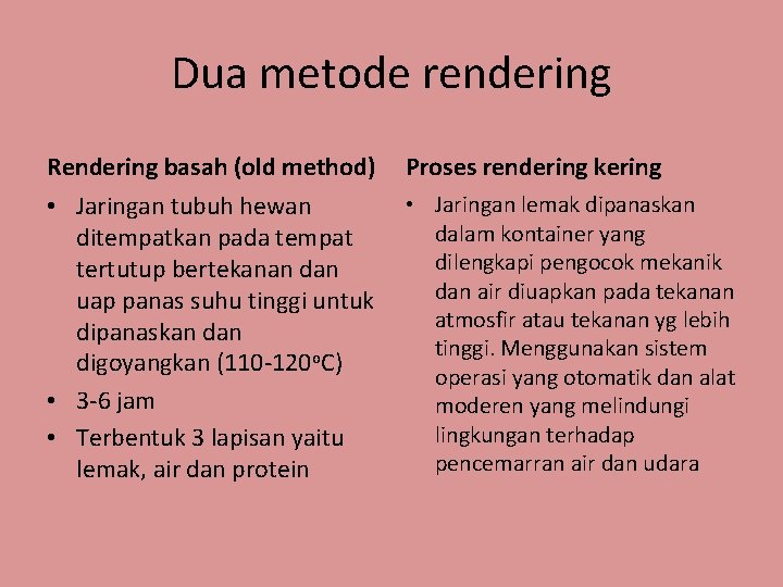 Dua metode rendering Rendering basah (old method) Proses rendering kering • Jaringan tubuh hewan