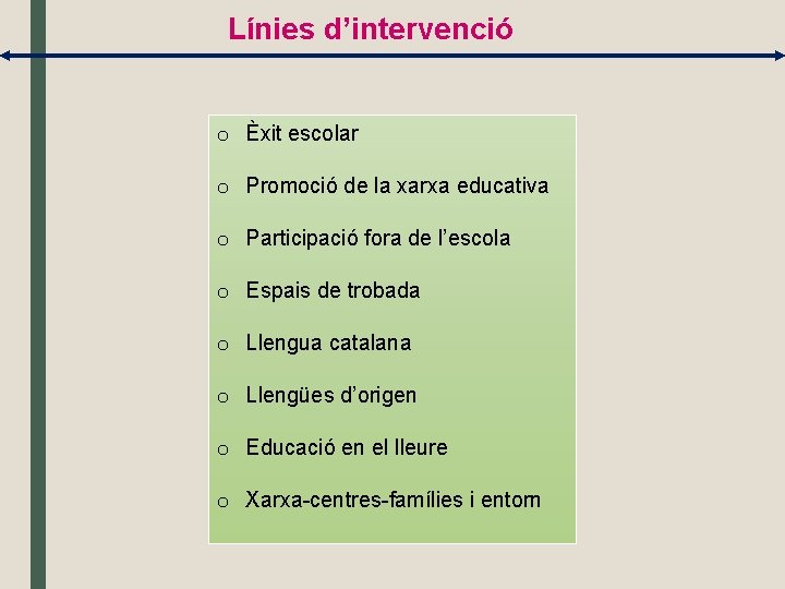 Línies d’intervenció o Èxit escolar o Promoció de la xarxa educativa o Participació fora