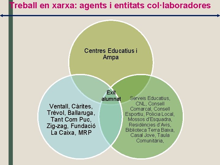 Treball en xarxa: agents i entitats col·laboradores Centres Educatius i Ampa Èxit alumnat Ventall,