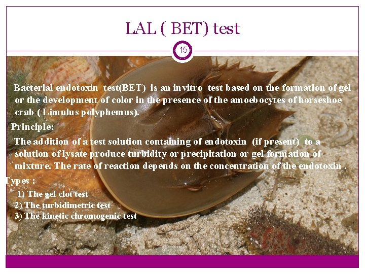 LAL ( BET) test 15 Bacterial endotoxin test(BET) is an invitro test based on