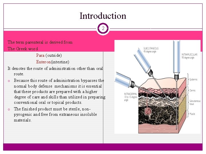 Introduction 2 The term parenteral is derived from The Greek word Para (outside) Enteron(intestine)