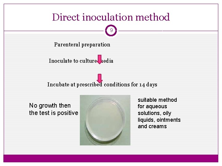 Direct inoculation method 9 Parenteral preparation Inoculate to culture media Incubate at prescribed conditions