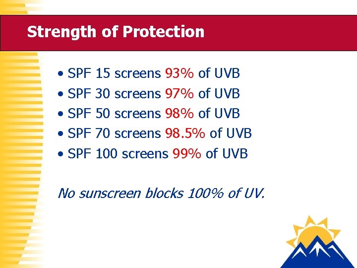 Strength of Protection • • • SPF SPF SPF 15 screens 93% of UVB