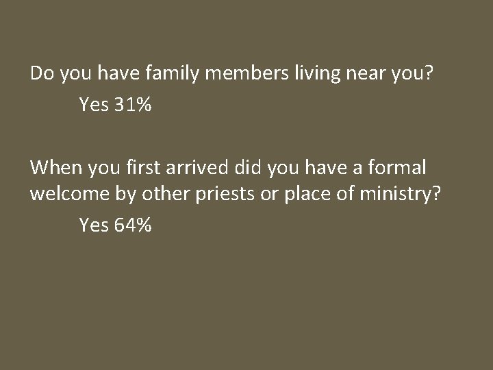 Do you have family members living near you? Yes 31% When you first arrived